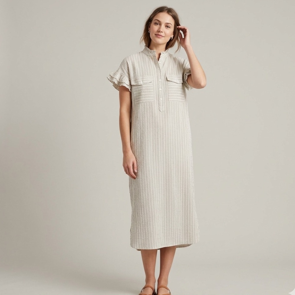 Maison Anana Capucine‎ Robe Dress Creme Striped Ruffle Sleeve Midi M